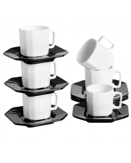 Conjunto de Xícaras de Chá com Pires Black & White em Cerâmica Scalla Objeto 6pçs 16cm